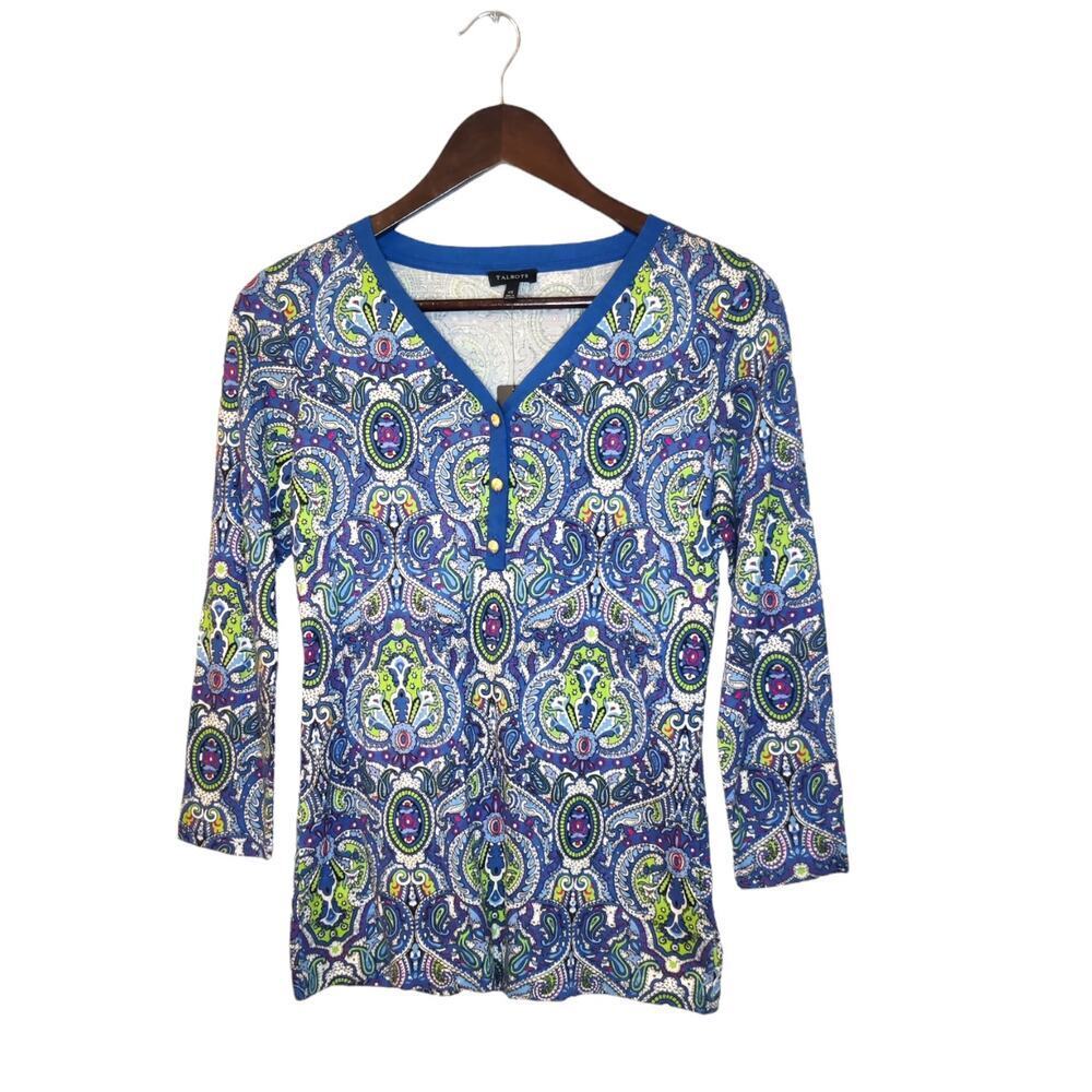 Talbots Blue Floral Paisley Printed V-Neck Long Sleeve‎ Knit Top Size XS NWT